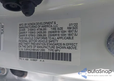 2022 Honda Cr-V Awd Ex-L z USA, uszkodzony, nr VIN 5J6RW2H86NA012886